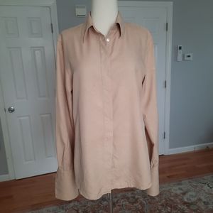 Vintage Anne Klain tan silk button-down shirt.